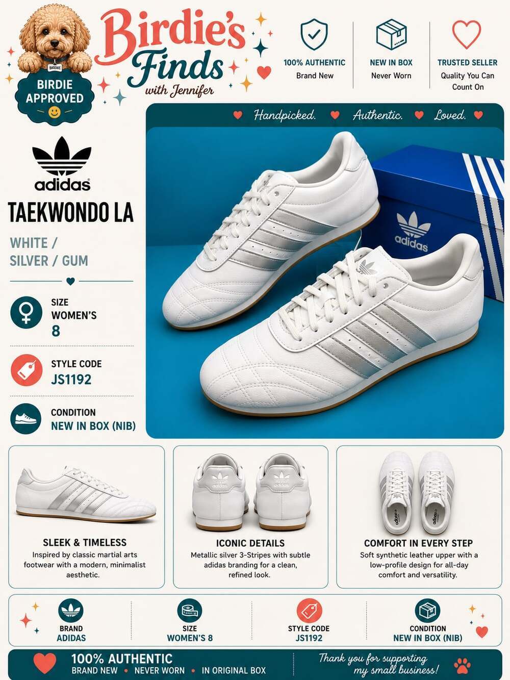 Adidas Taekwondo La Sneakers White Silver Size 8
